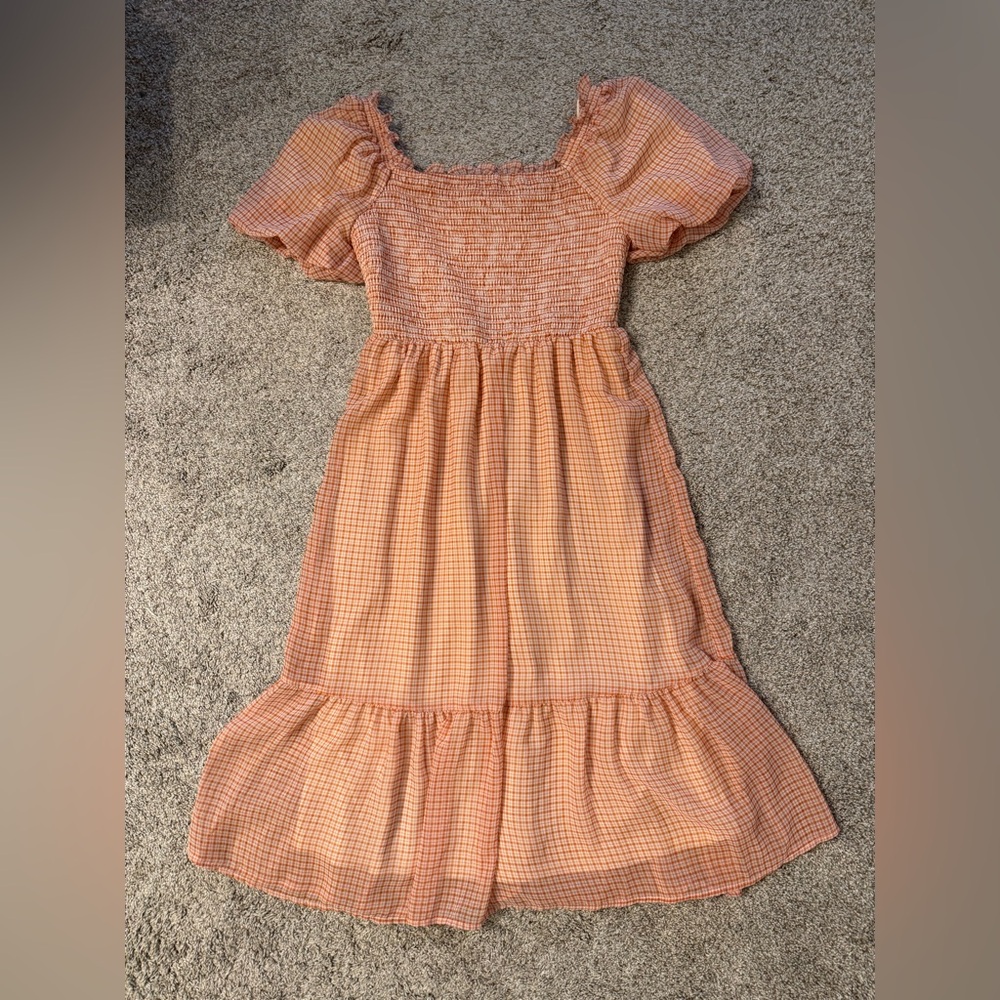 Lauren Conrad Puff-Sleeve/Off the Shoulder Orange Smocked Midi Dress Size Small